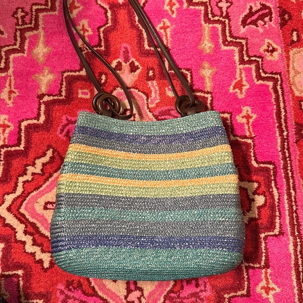🩵🩶💙St . John’s Bay strong purse, handbag, teal green blue, wood, and leather.